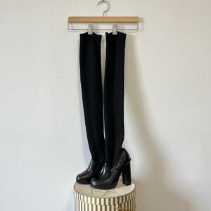 Opening Ceremony Black Leather Over Knee Sock Boots Chunky Heel 2010s Twee 6.5